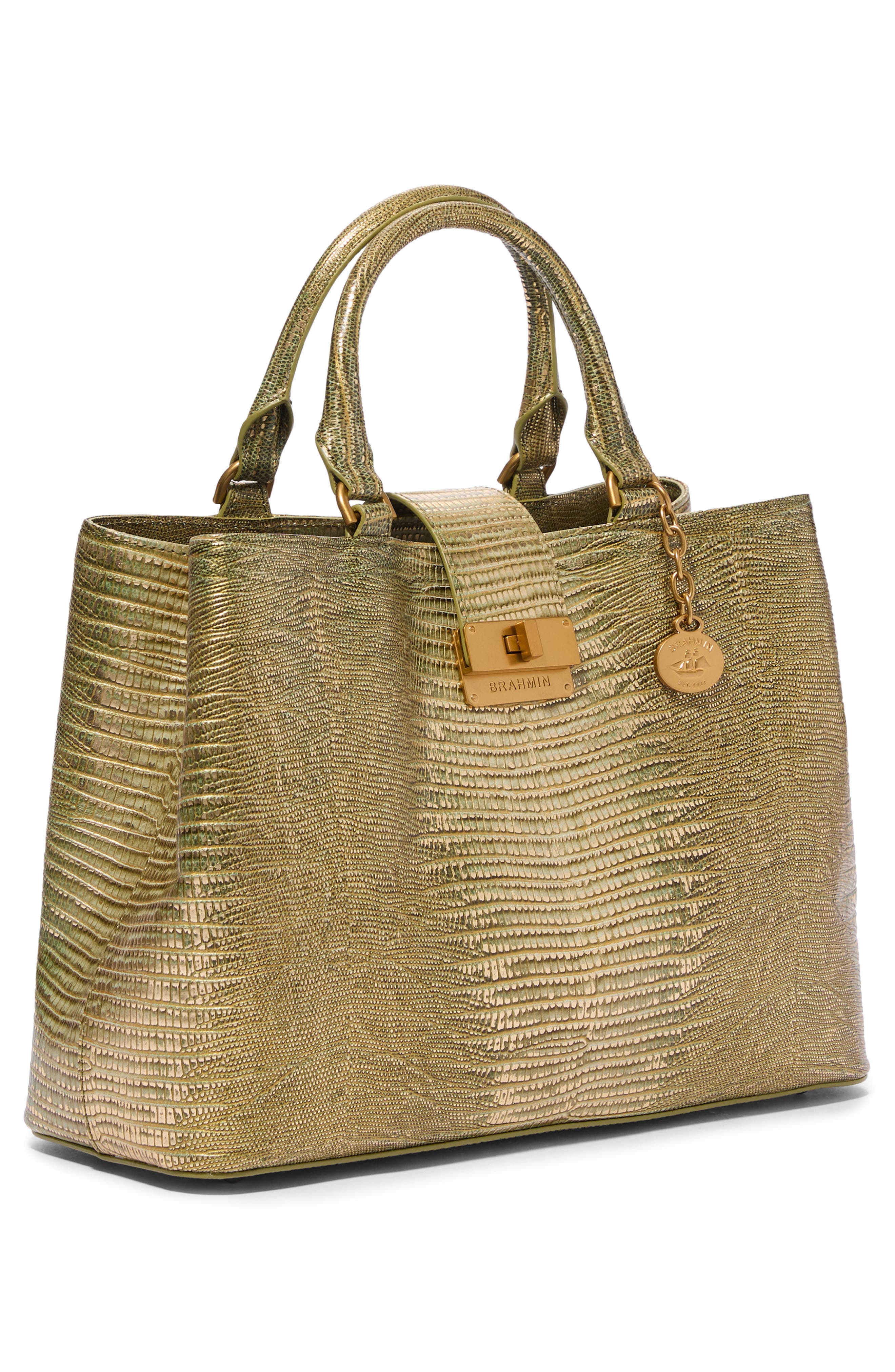 Brahmin Small Denise Embossed Leather Satchel, Alternate, color, Olive