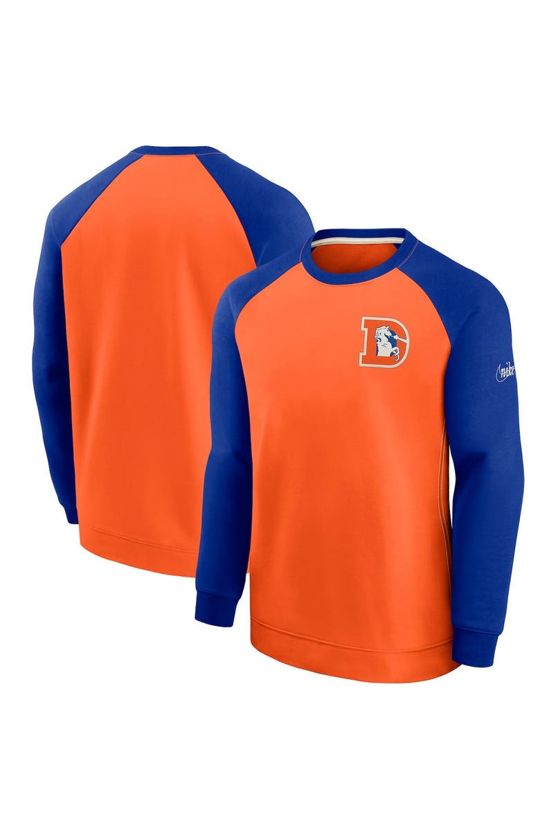 Nike Men's Nike Orange/Royal Denver Broncos Historic Raglan Crew Performance Sweater, Alternate, color, 
