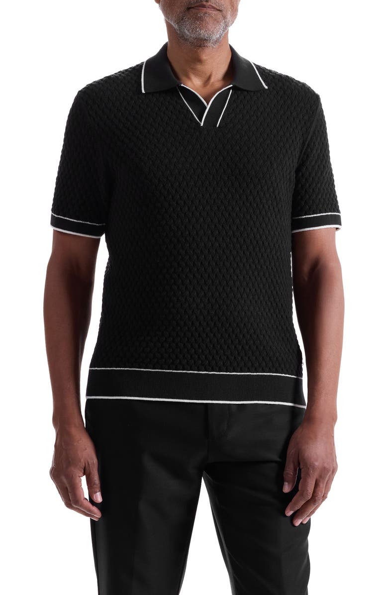 Bugatchi Johnny Collar Basket Stitch Cotton Blend Polo Sweater, Main, color, Black