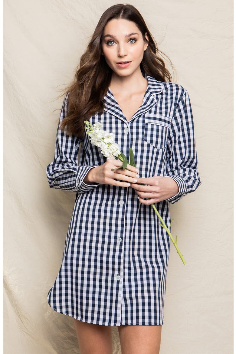 Gingham Cotton Nightshirt, Alternate, color, NAVY