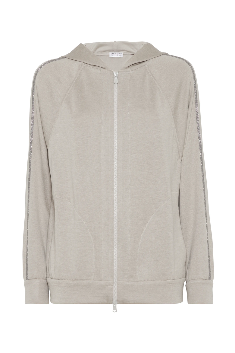 Cotton and silk interlock hooded sweatshirt with precious stripe, Main, color, Light Grey