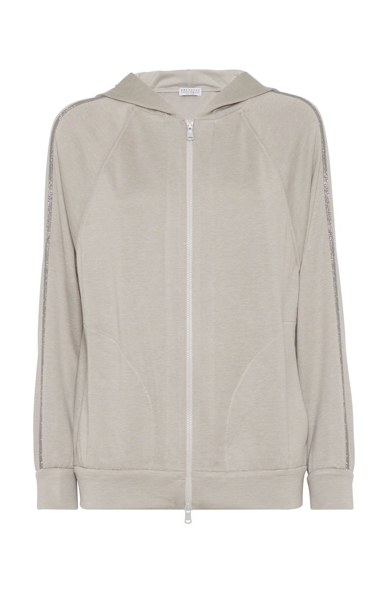 Brunello Cucinelli Cotton and silk interlock hooded sweatshirt with precious stripe, Main, color, 
