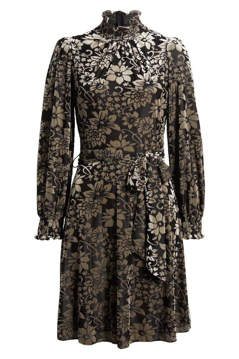 Floral Burnout Belted Long Sleeve Dress, Alternate, color, BLACK SILVER