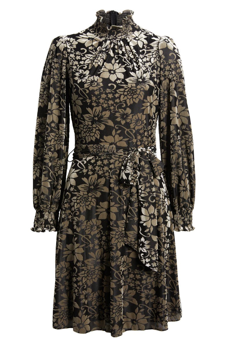 Eliza J Floral Burnout Belted Long Sleeve Dress, Alternate, color, Black Silver