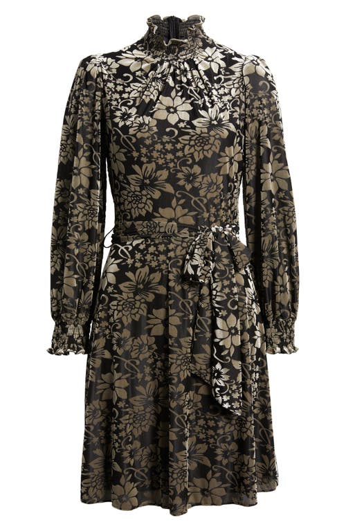Eliza J Floral Burnout Belted Long Sleeve Dress In Black Silver