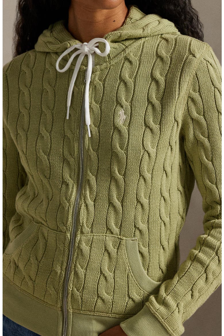 Cable Knit Cotton Zip Hoodie, Alternate, color, LIGHT OLIVE