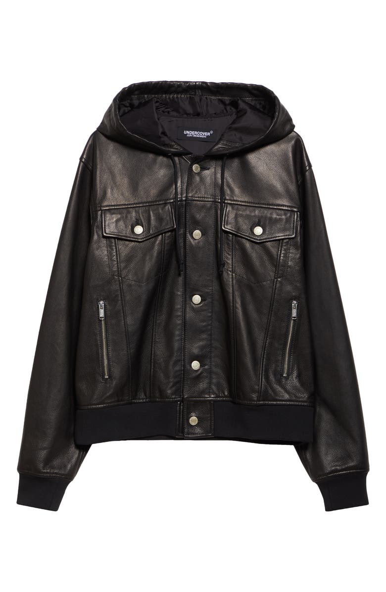 Undercover Hooded Leather Blouson Jacket, Alternate, color, Black