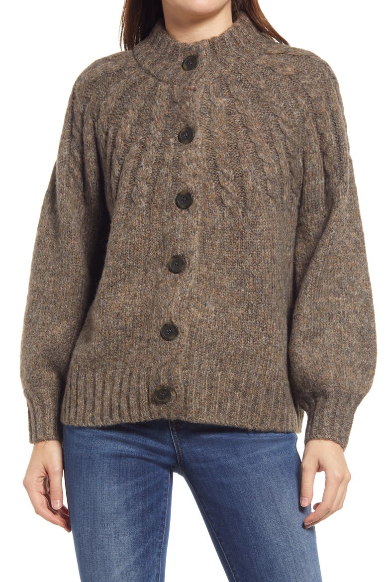 Harwood Cable Knit Mock Neck Cardigan, Alternate, color, HEATHER OTTER