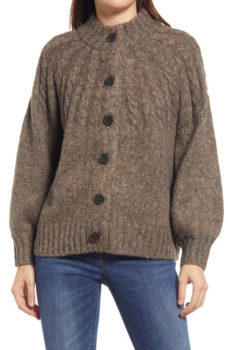 Madewell Harwood Cable Knit Mock Neck Cardigan, Alternate, color, 