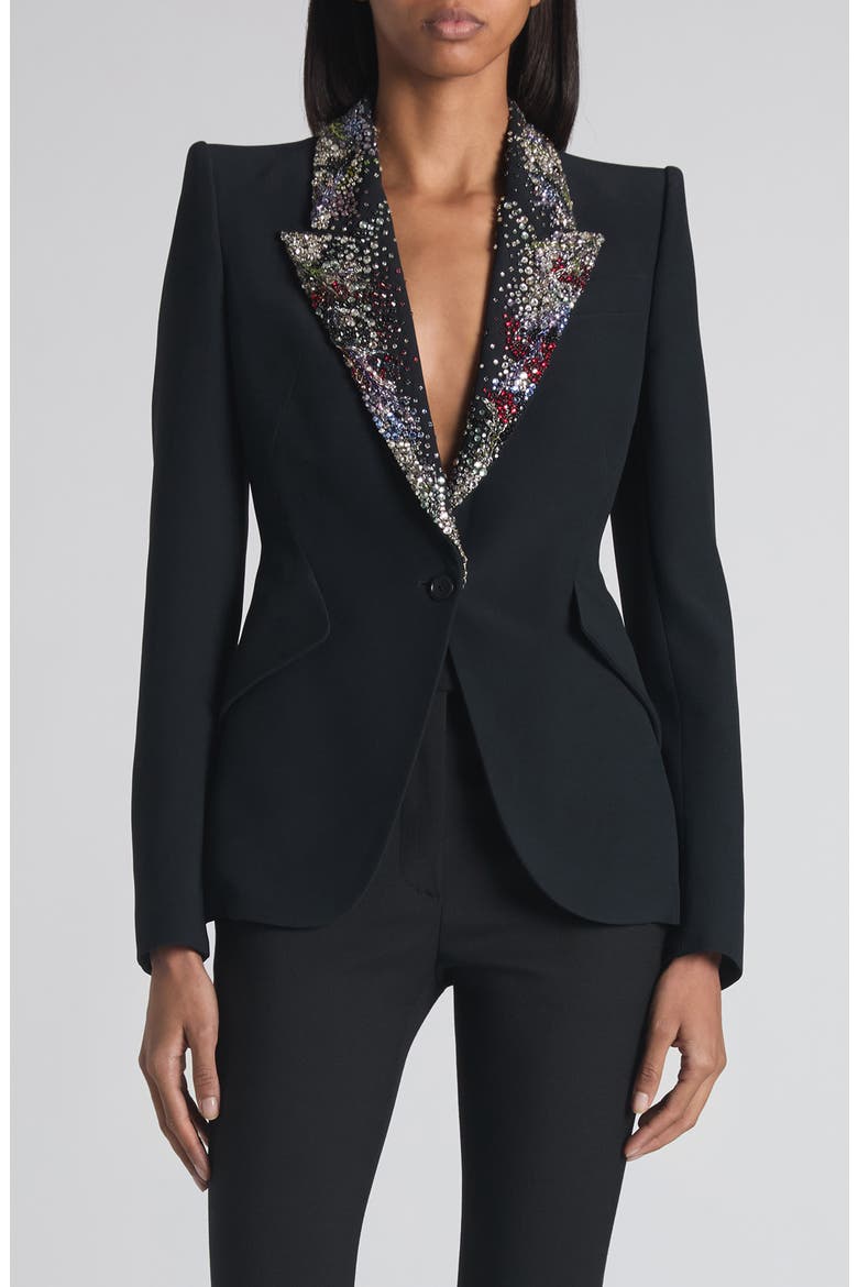 Embellished Lapels Crepe Blazer, Main, color, BLACK