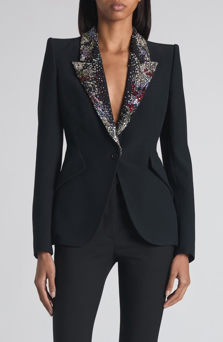 McQueen Embellished Lapels Crepe Blazer, Main, color, Black