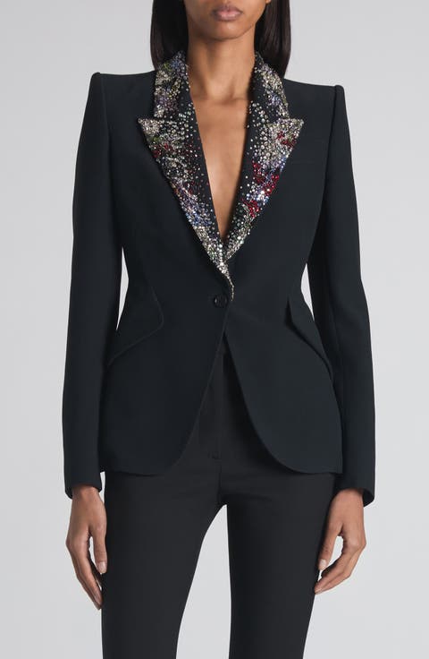 Embellished Lapels Crepe Blazer