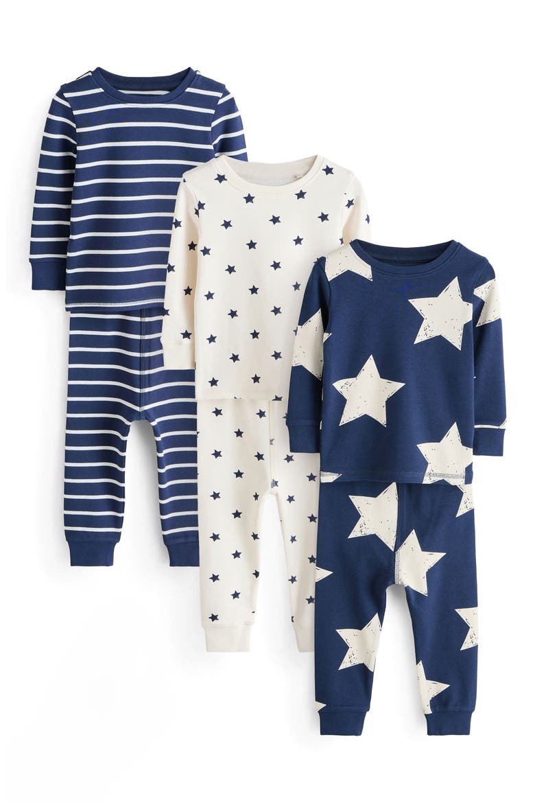 3-Pack Assorted Print Fitted Two-Piece Stretch Cotton Pajamas, Main, color, BLUE MULTI