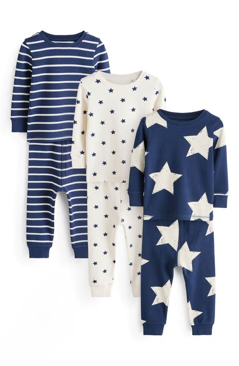 3-Pack Assorted Print Fitted Two-Piece Stretch Cotton Pajamas