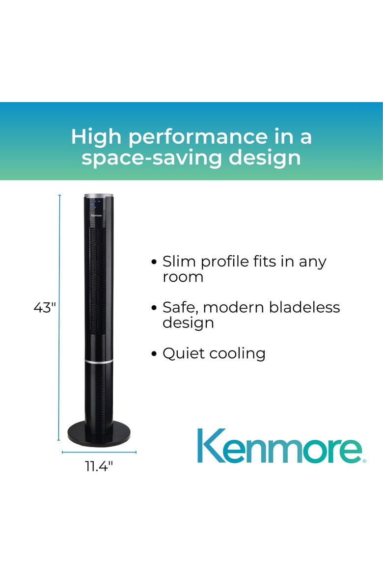 Kenmore 43 Inch Black Bladeless Slim Tower Fan, Alternate, color, Black