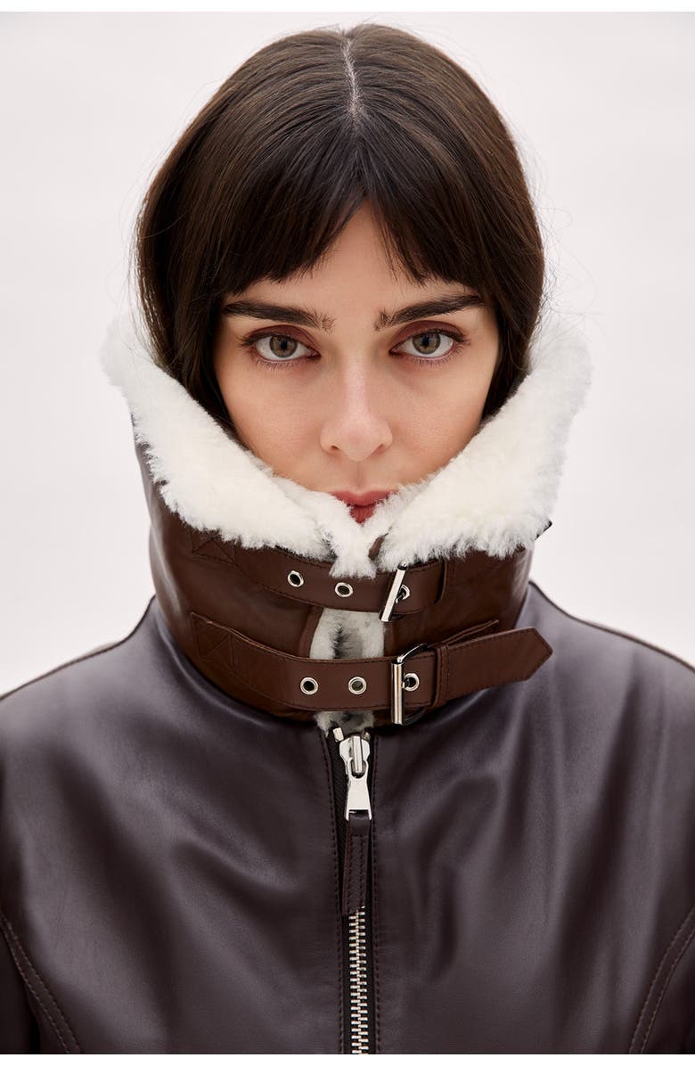 PCFG Double Collar Leather Women Jacket, Alternate, color, Brown