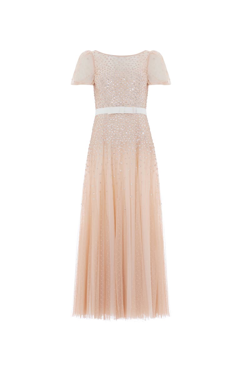 Sequin Cascade Bow Short Sleeve Gown, Alternate, color, Wheat/Cream