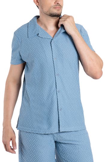 Spring + Mercer Jacquard Terry Button-up Polo In Deep Aqua