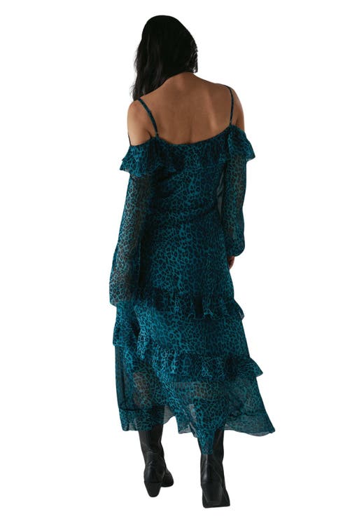 Warehouse Ruffle Cold Shoulder Midi Dress In Green