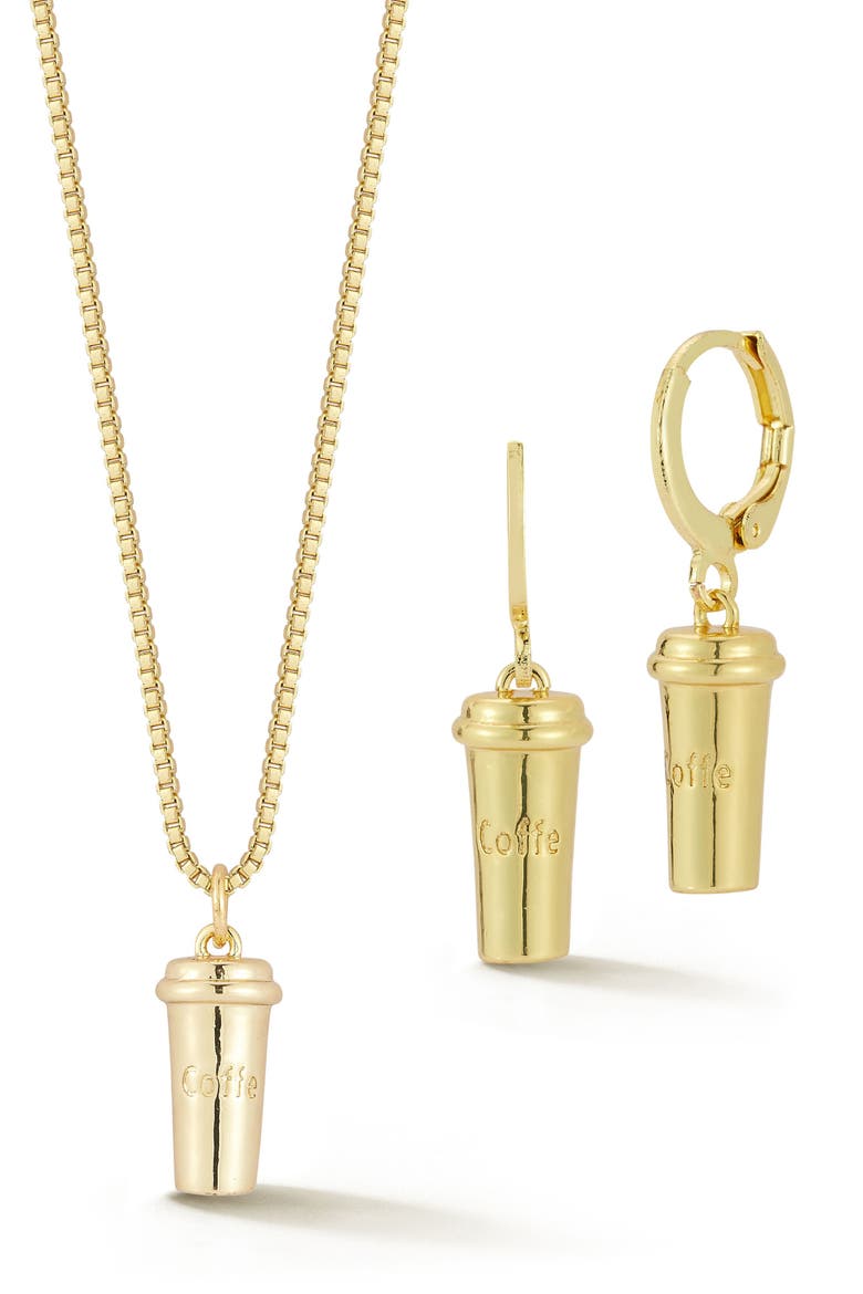 Coffe Charm Drop Huggie Hoop Earrings & Necklace Set, Main, color, GOLD