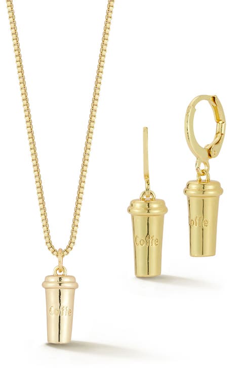 Coffe Charm Drop Huggie Hoop Earrings & Necklace Set