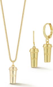GLAZE JEWELRY Coffe Charm Drop Huggie Hoop Earrings & Necklace Set
