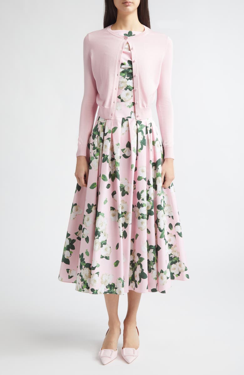 Carolina Herrera Rose Print Bateau Neck Midi Dress, Alternate, color, Rosewater Multi
