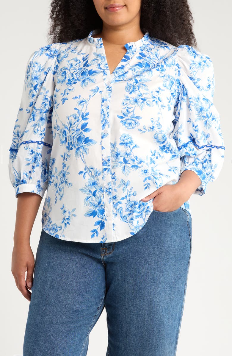 SUGARLIPS Juba Vale Floral Button-Up Top, Main, color, White/ Blues