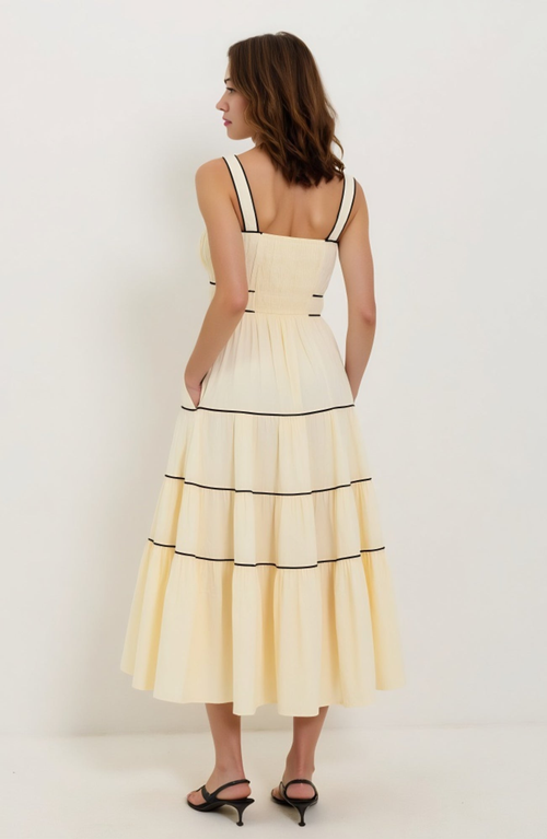 Modenaire Strappy Tiered Maxi Dress With Contrasting Trim And Flowing Silhouette In Yellow