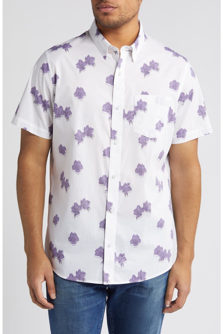 Hit The Books Floral Short Sleeve Stretch Button-Up Shirt, Main, color, WHITE