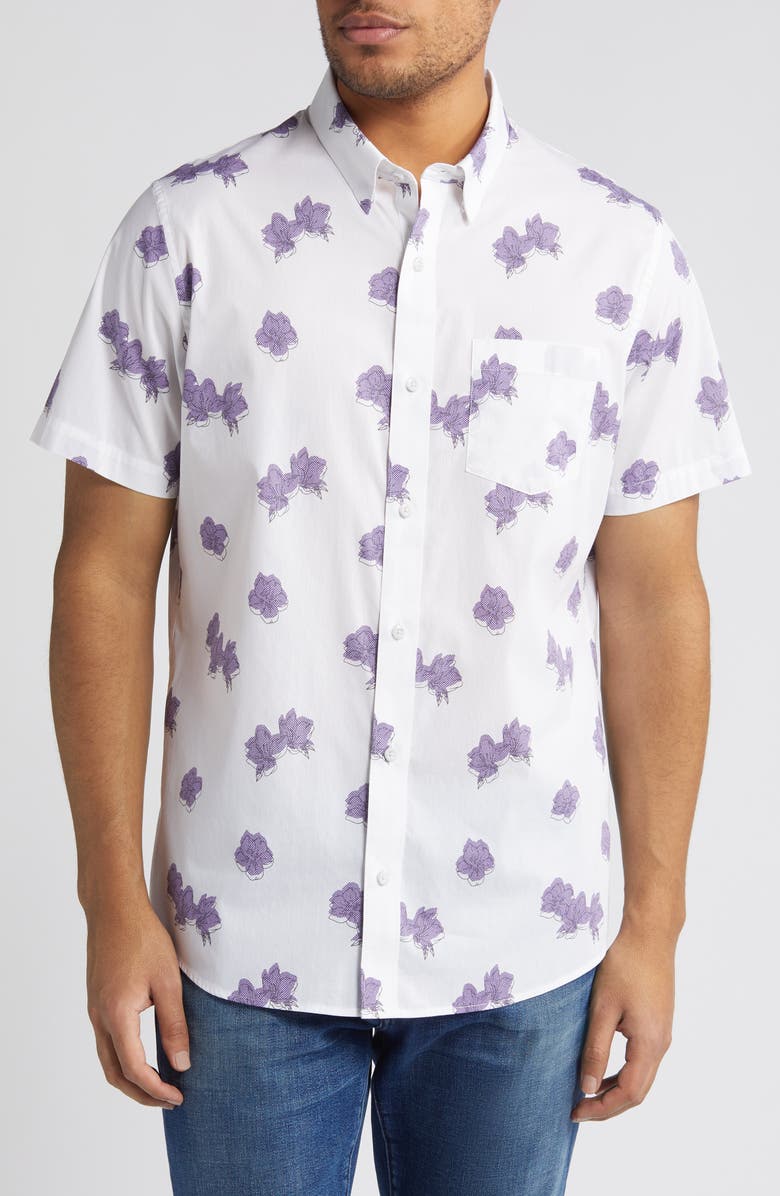 TravisMathew Hit The Books Floral Short Sleeve Stretch Button-Up Shirt, Main, color,