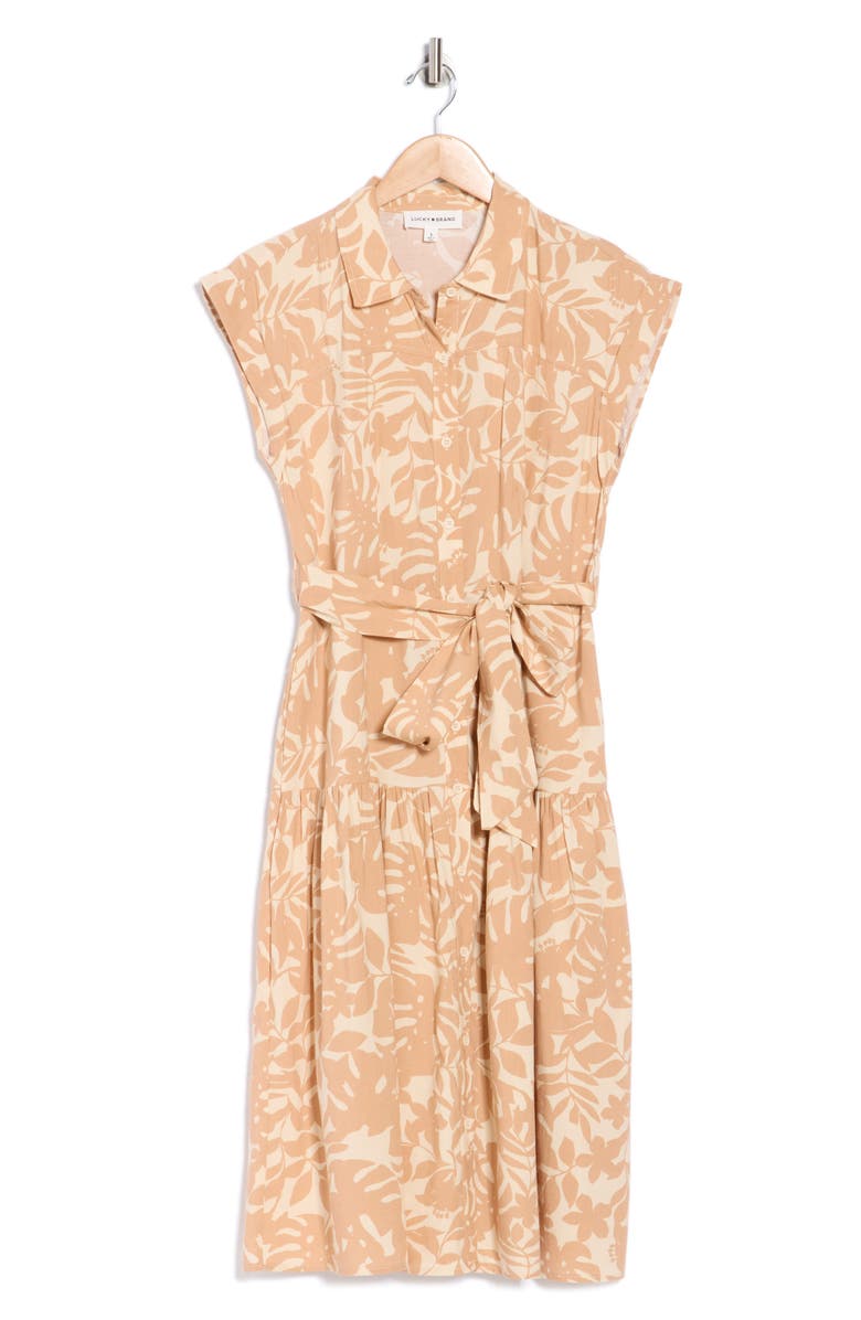 Lucky Brand Cap Sleeve Tie Waist Shirtdress, Main, color, Tan Tropic