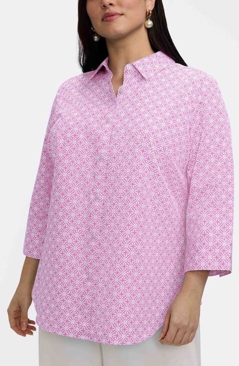 Margie Geo Lattice Three-Quarter Sleeve Button-Up Shirt (Plus)