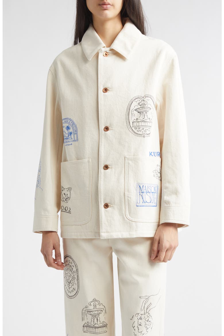 x Maison Kitsuné Hand Painted Postcard Denim Chore Jacket, Main, color, OFF WHITE