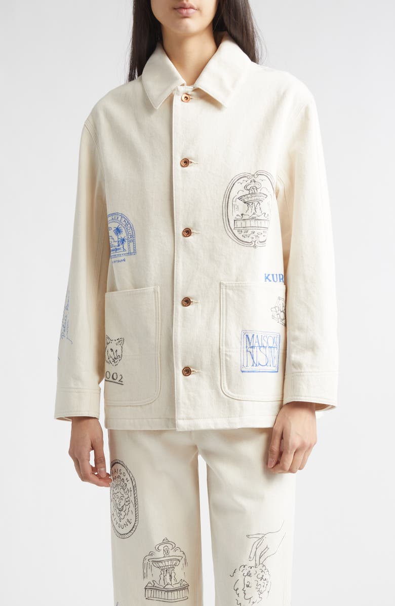 KURO x Maison Kitsuné Hand Painted Postcard Denim Chore Jacket, Main, color, Off White