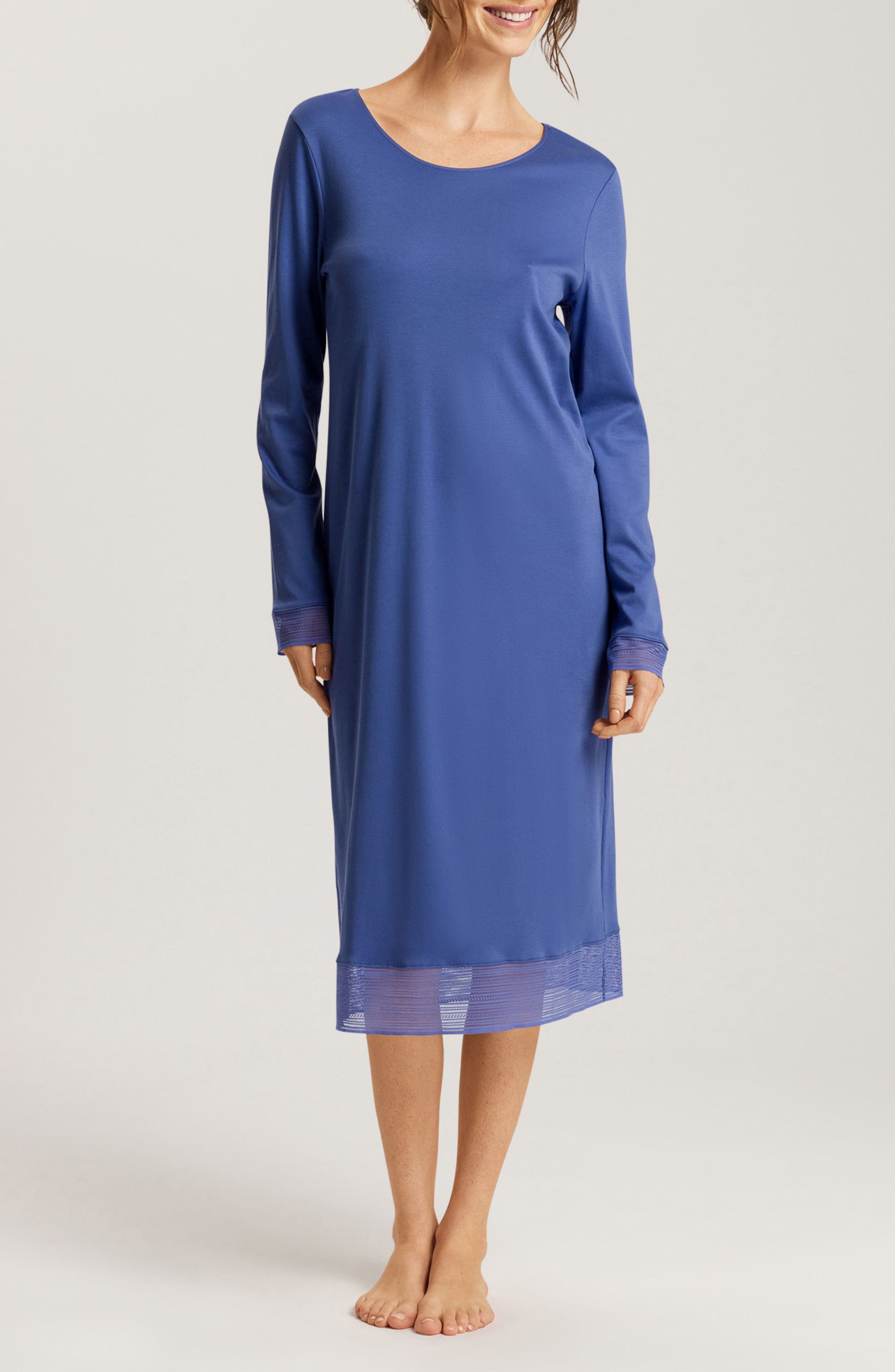 Hanro Sophie Long Sleeve Mercerized Cotton Nightgown in Blue Horizon 