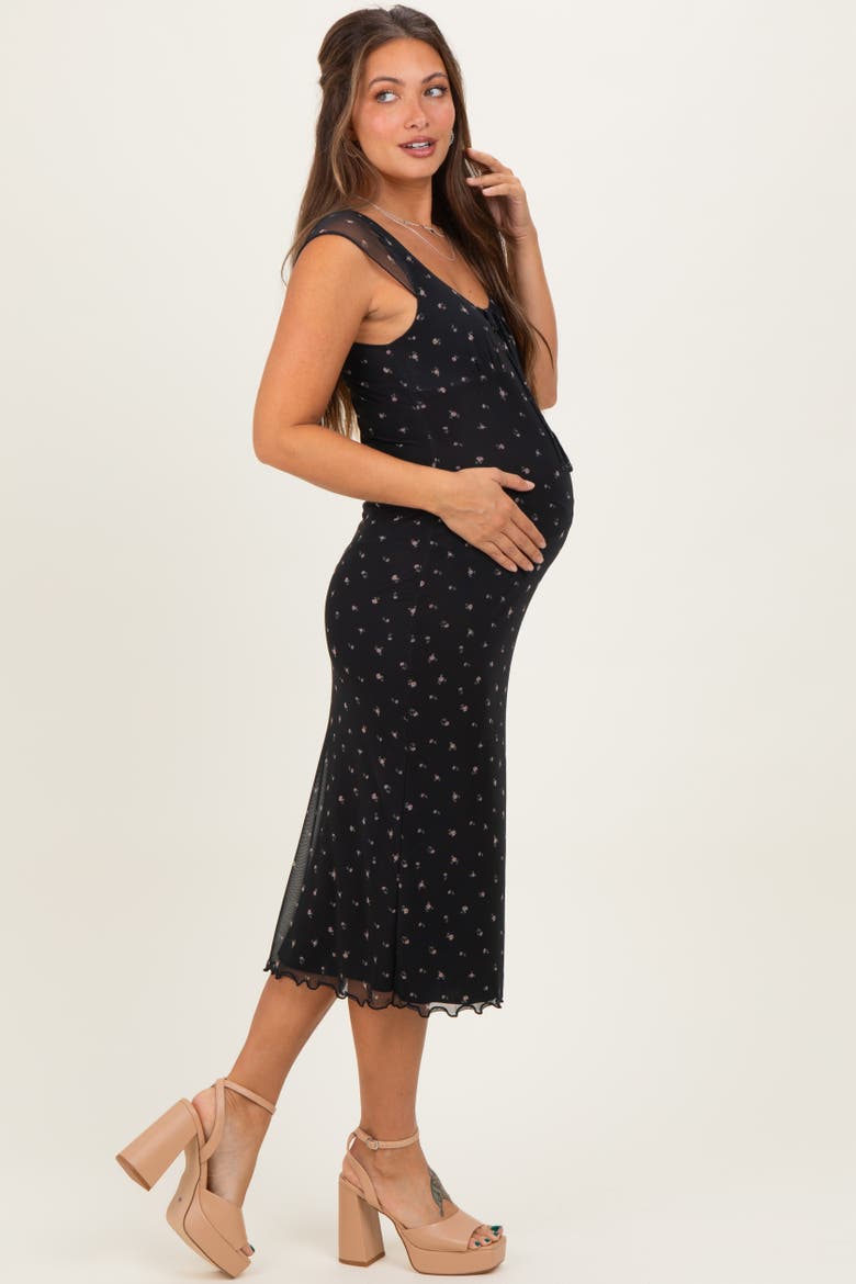 Floral Mesh Front Tie Cutout Midi Dress, Alternate, color, Black