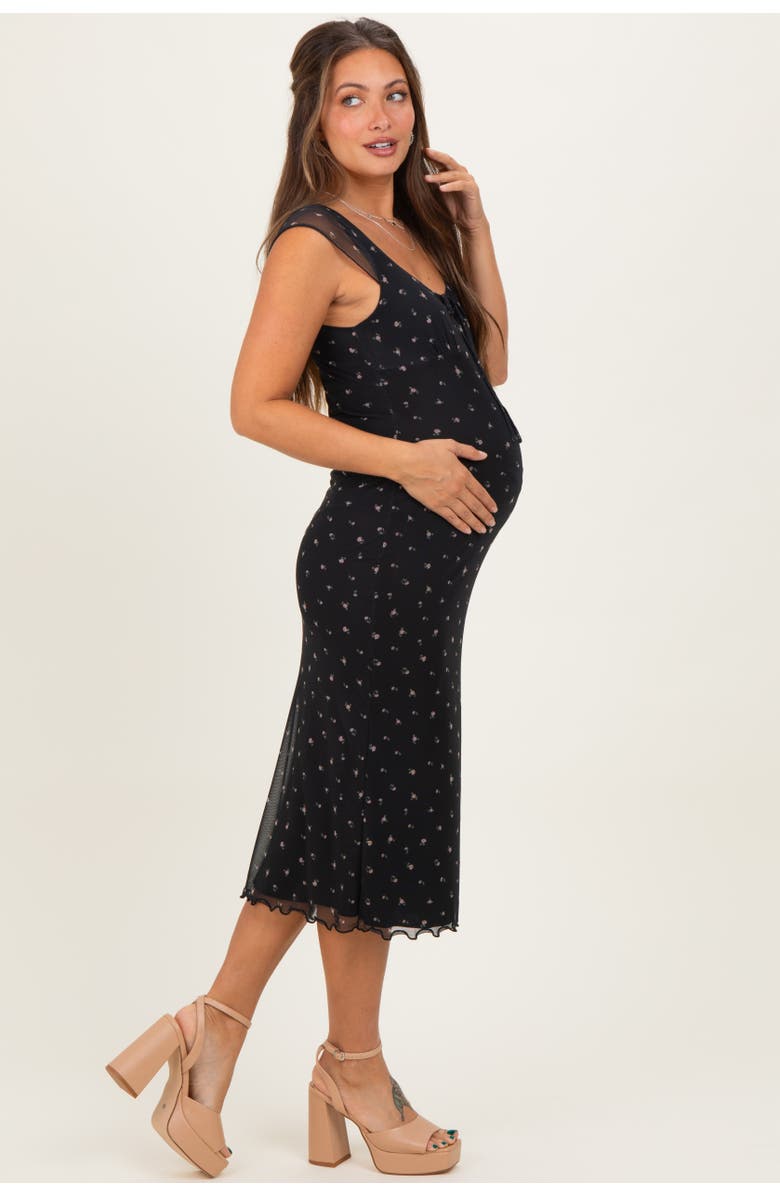 PinkBlush Floral Mesh Front Tie Cutout Midi Dress, Alternate, color, Black