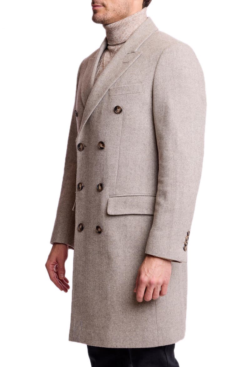 Peak Lapel Double Breasted Overcoat, Alternate, color, TAN HERRINGBONE