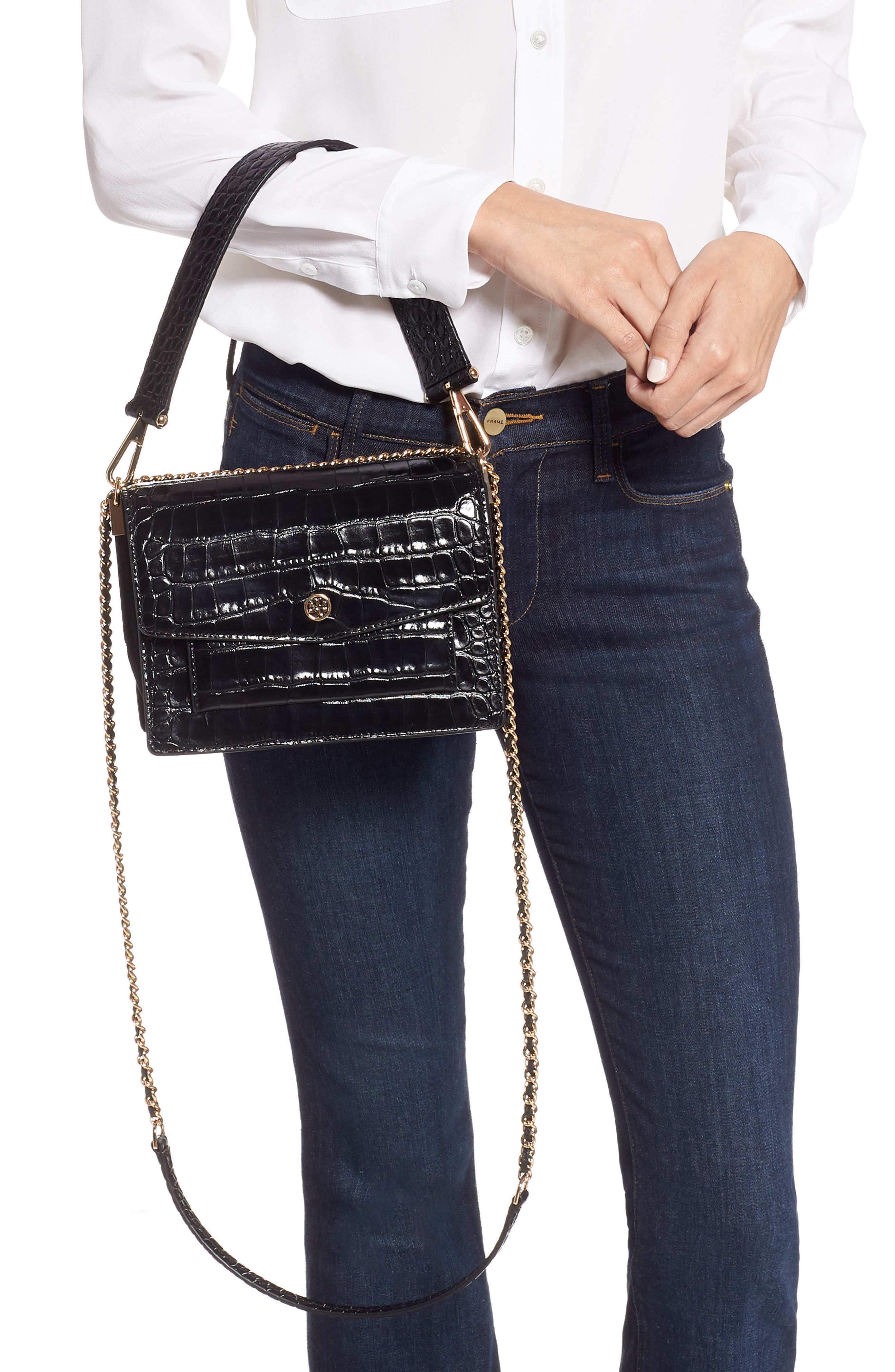 Tory Burch Robinson Croc Embossed Leather Shoulder Bag, Alternate, color, 