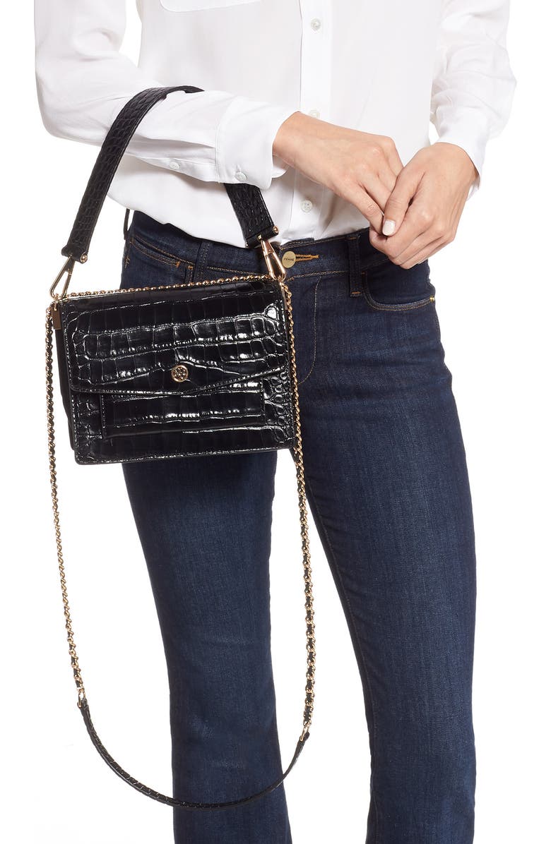 Tory Burch Robinson Croc Embossed Leather Shoulder Bag, Alternate, color,