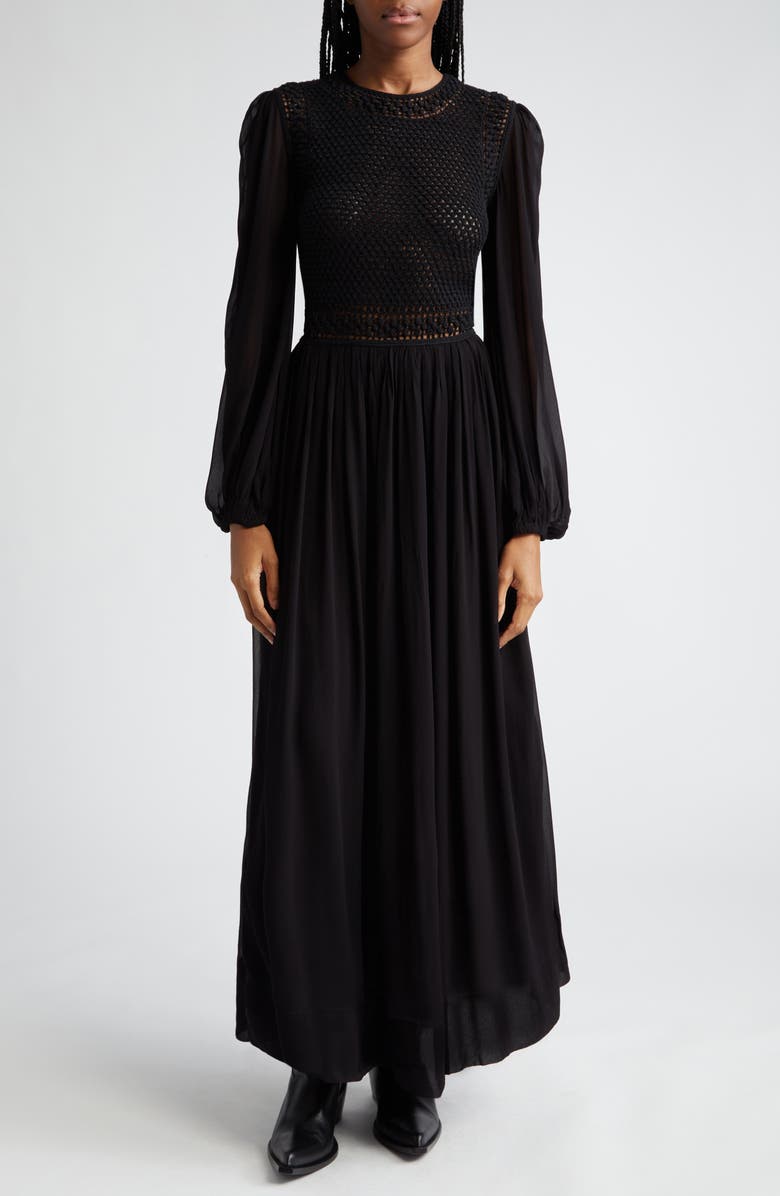 Zimmermann Luminosity Long Sleeve Crochet Bodice Maxi Dress, Main, color, 