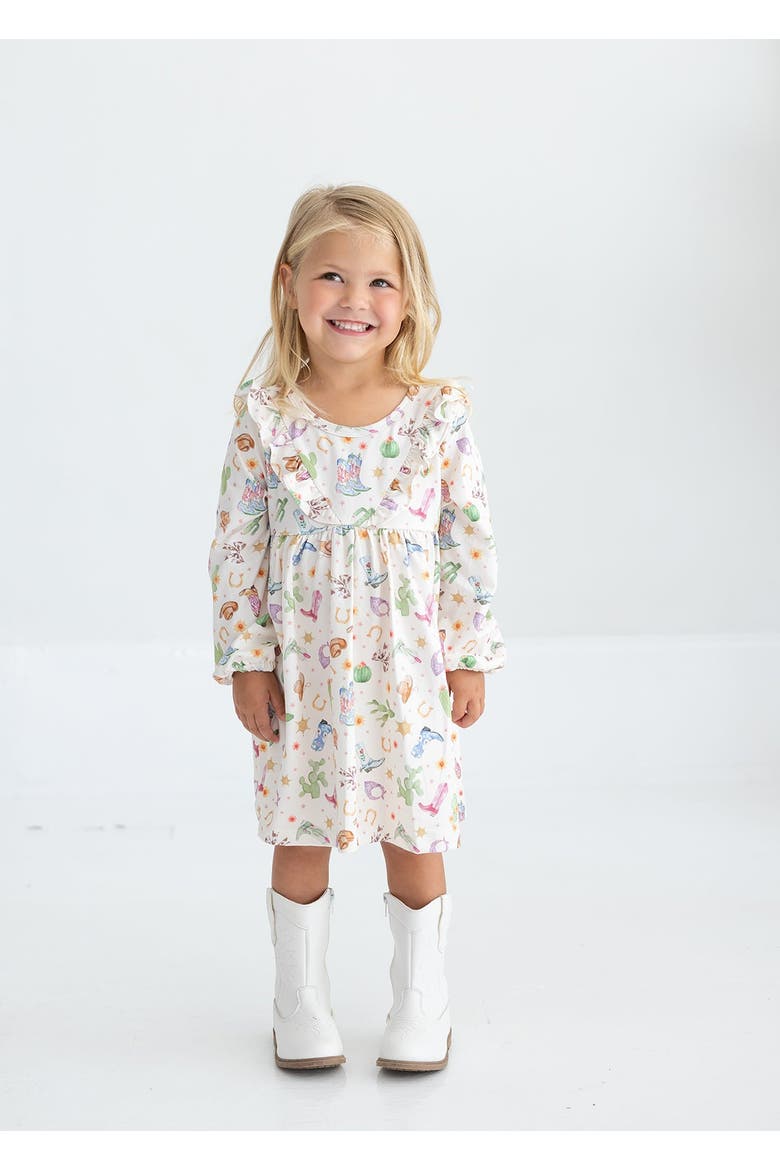 Cactus Kisses Long Sleeve Western Print Ruffle Yoke Dress, Main, color, Blue