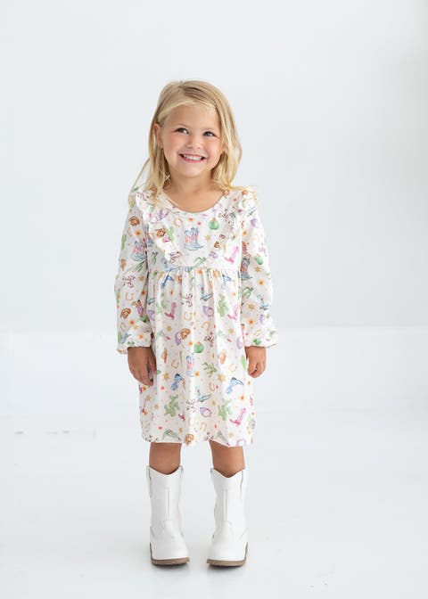Cactus Kisses Long Sleeve Western Print Ruffle Yoke Dress