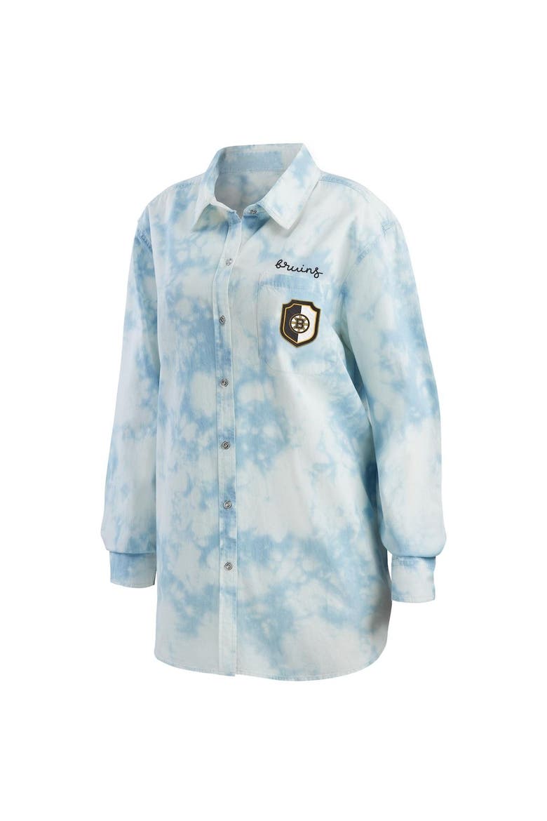 Women's WEAR by Erin Andrews White Boston Bruins Oversized Tie-Dye Button-Up Denim Shirt, Alternate, color, White