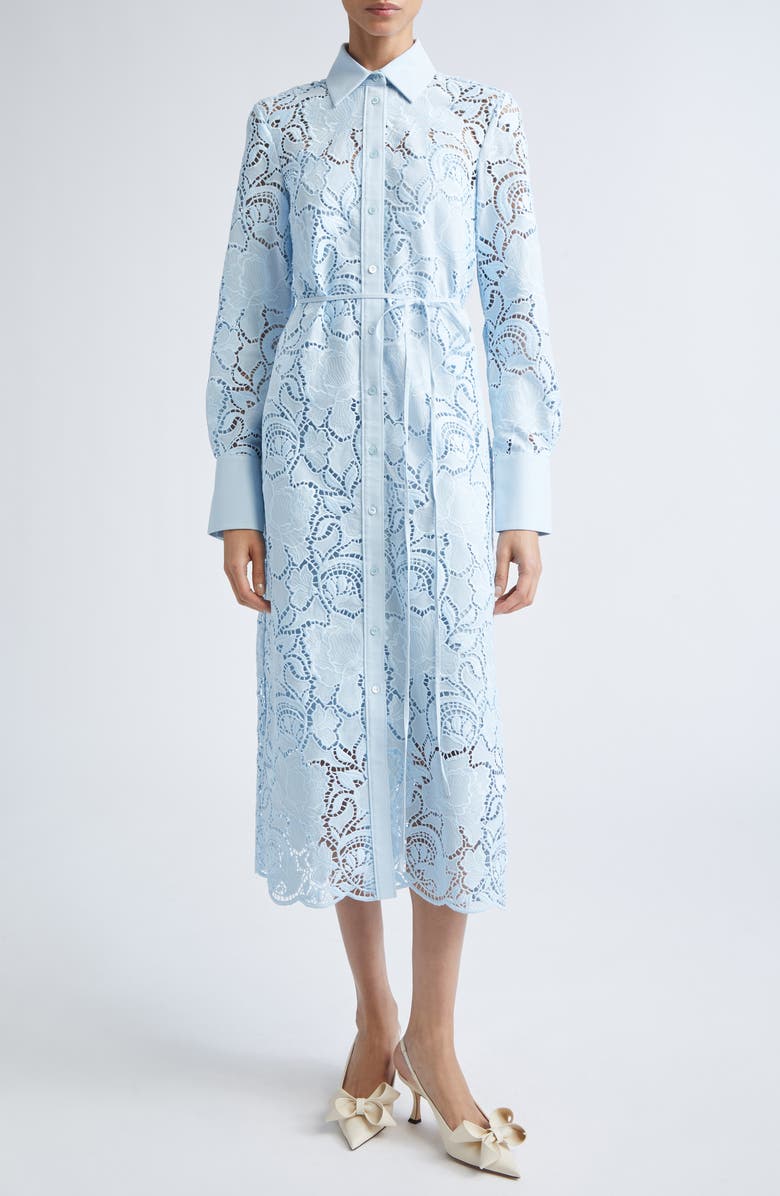 Erdem Long Sleeve Floral Cutwork Lace Shirtdress, Main, color, Dream Blue