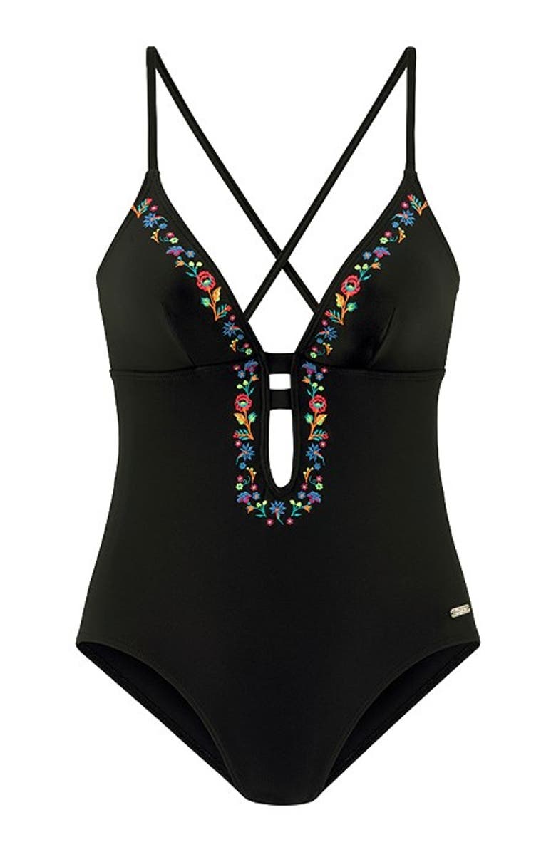 LASCANA Floral Accent One Piece, Alternate, color, Black