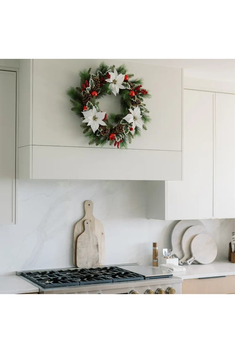 26" White Poinsettia Pinecone & Berry Wreath Pre-Lit, Alternate, color, White