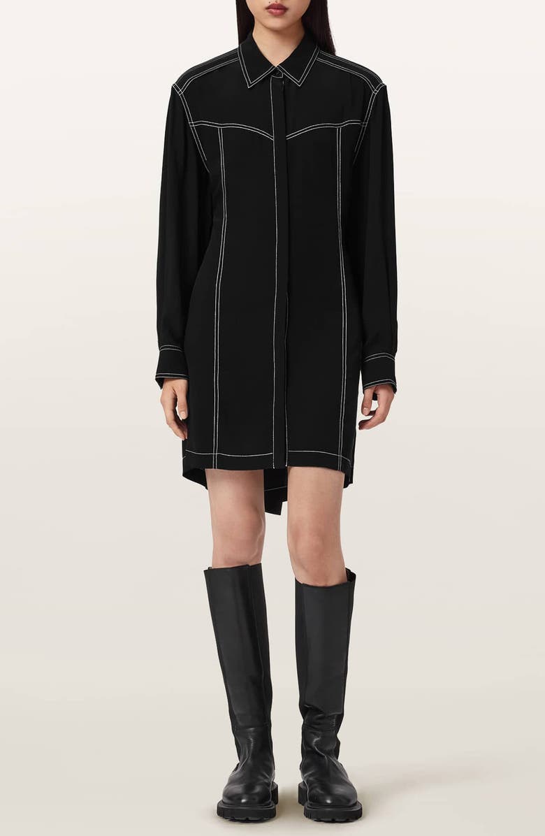 AllSaints Tala Long Sleeve Shirtdress, Main, color, Black