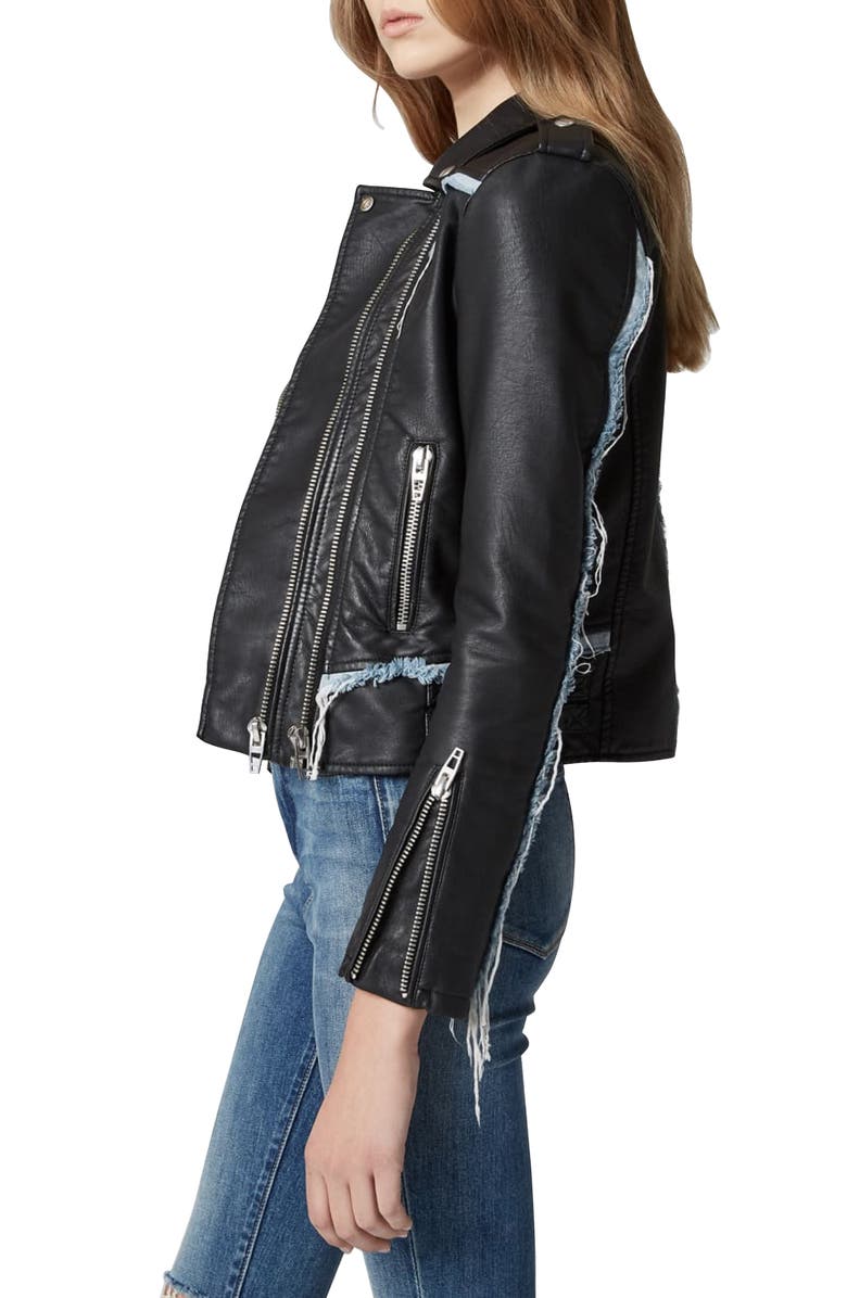 BLANKNYC Thrasher Denim Trim Faux Leather Moto Jacket, Alternate, color, 